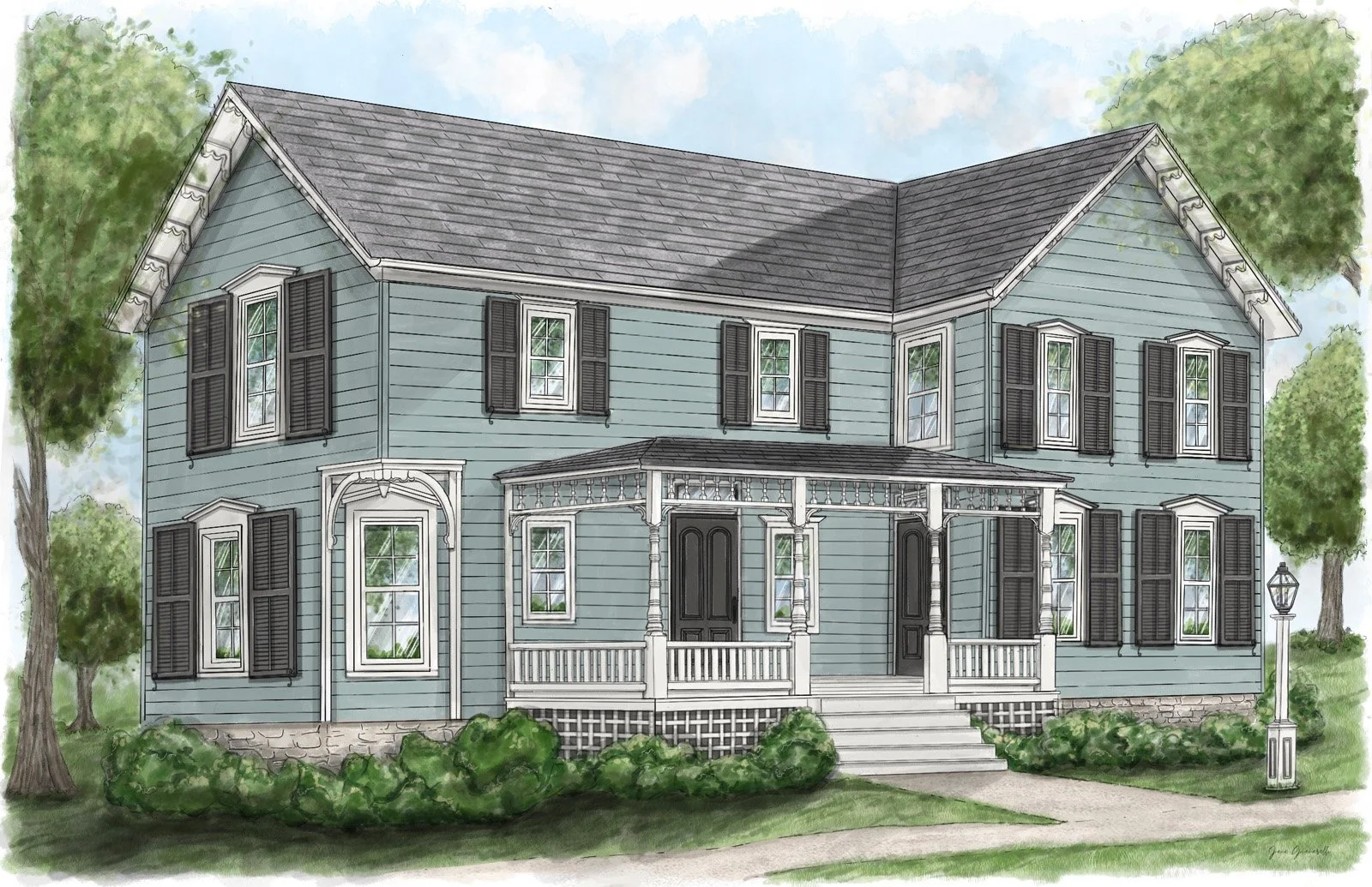 A large, two-story Victorian-style house painted in light blue with black shutters and a dark gray shingled roof. It has a front porch with decorative railings and columns, and a landscaped yard with shrubs and trees. A lamppost is near the sidewalk.