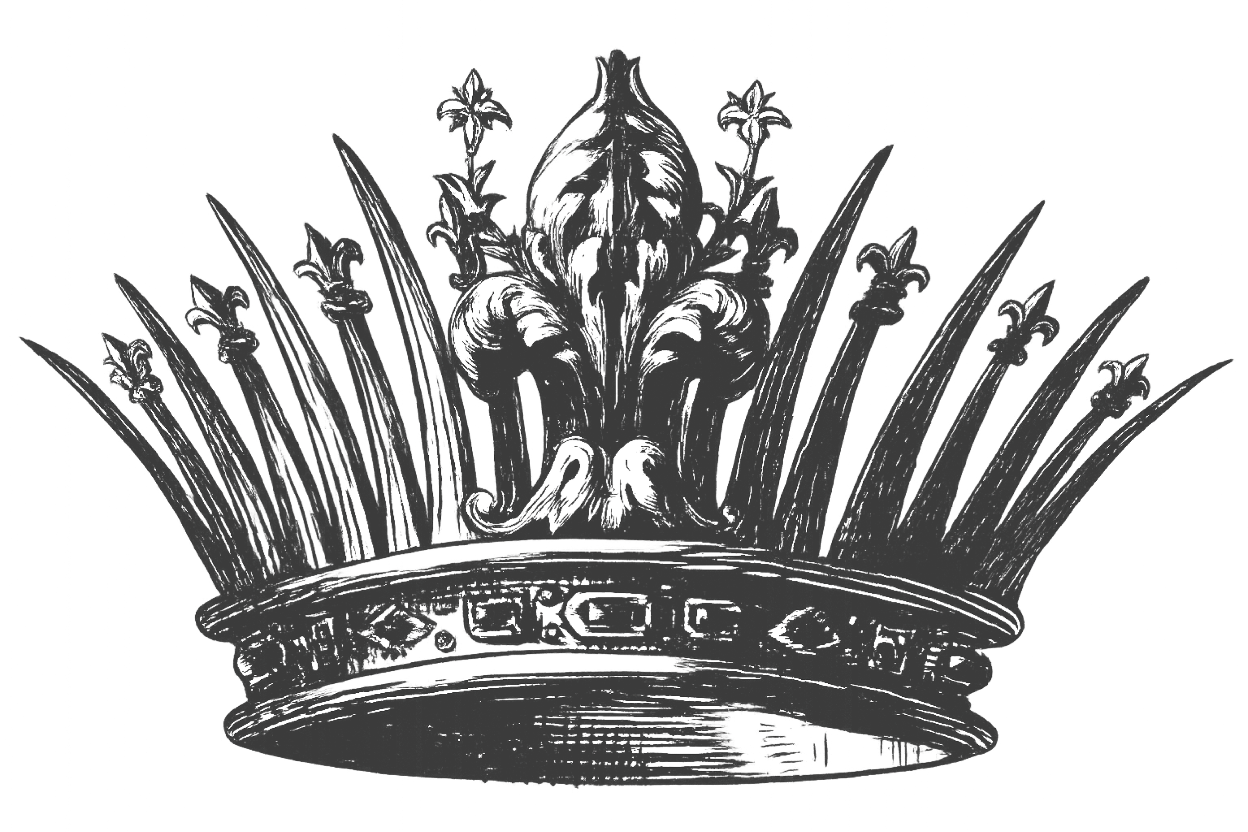 A detailed black and white illustration of a regal crown adorned with floral and foliage motifs, featuring intricate scrollwork and decorative elements.