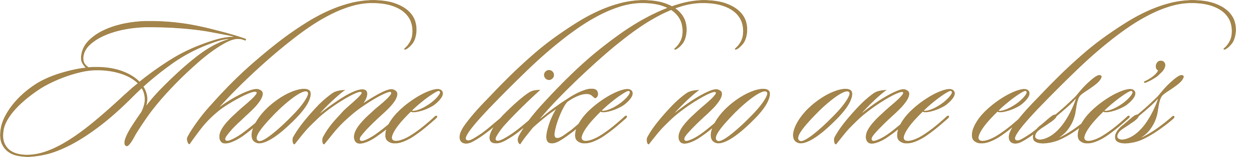 Elegant cursive text that reads 'Home like no one else' in gold color.