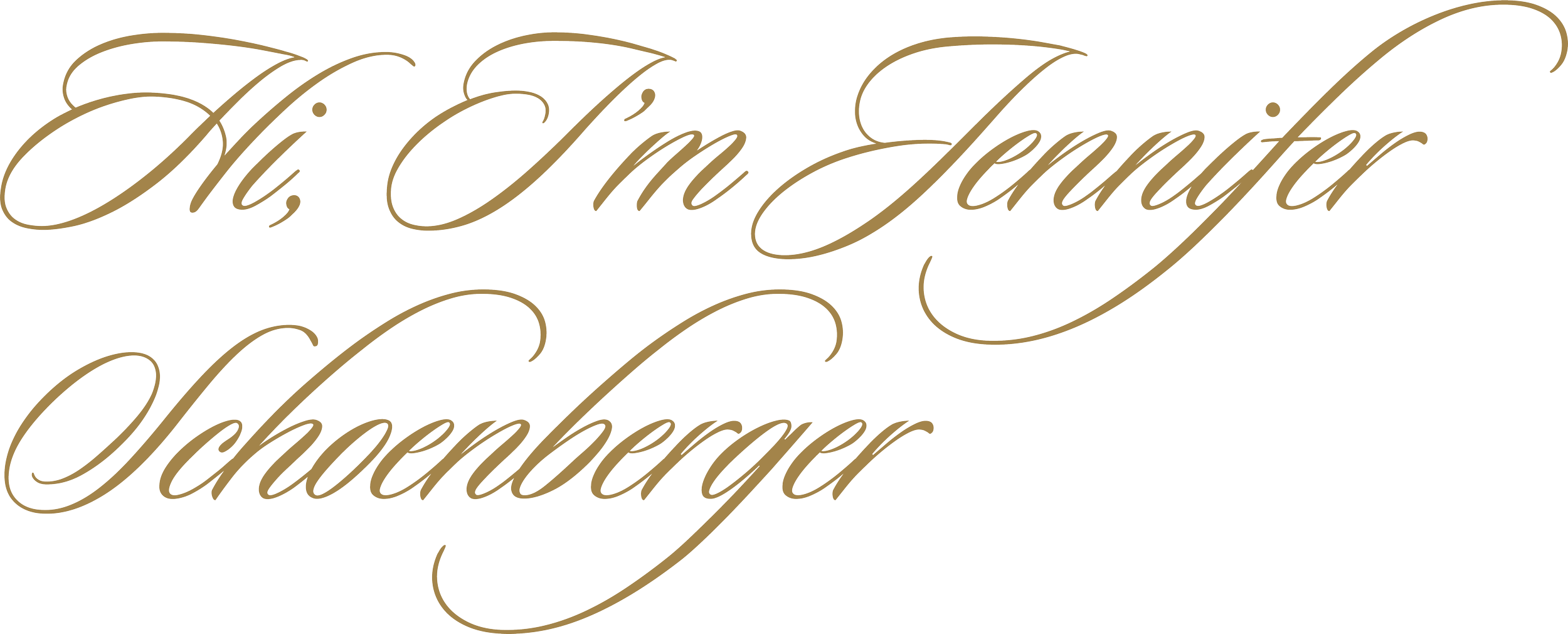 Stylized gold lettering spelling 'Hi, I'm Jennifer Schoenberger' on a black background.