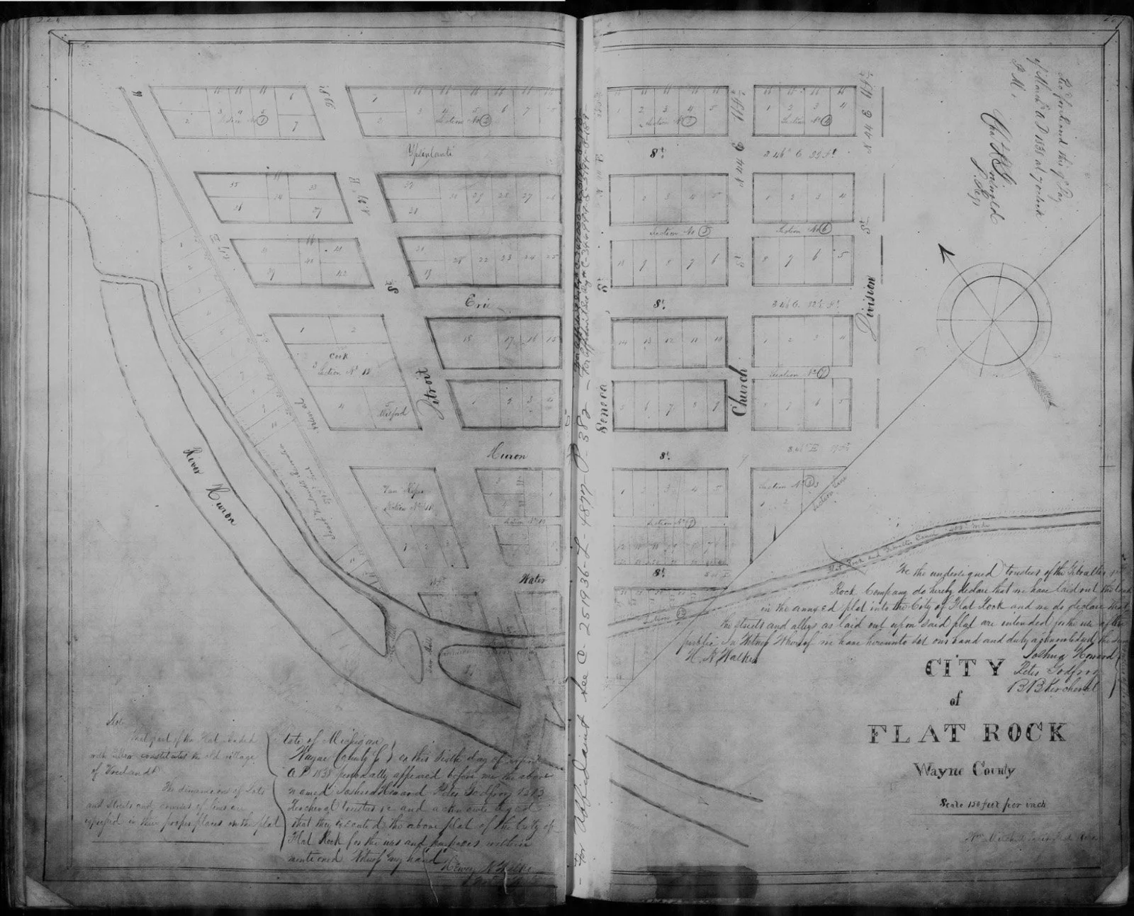 Historical map of the city of Flat Rock, Wayne County, showing streets, plots, and land features, with handwritten notes and a compass rose for orientation.