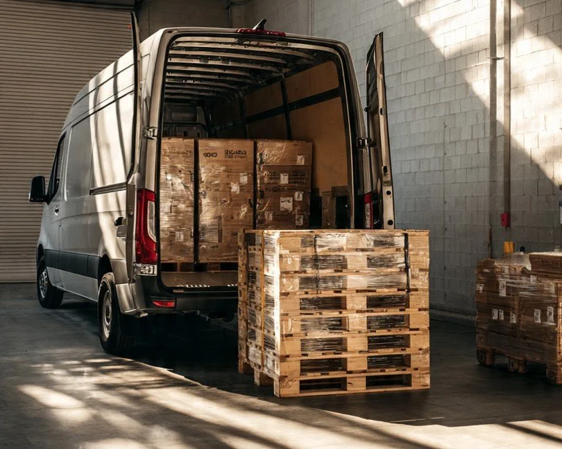 Open delivery van with stacked wooden pallets inside and outside in a warehouse.