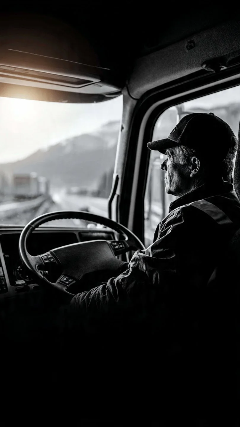 A man wearing a cap sitting in the driver's seat of a truck, looking out at a countryside landscape during sunset.