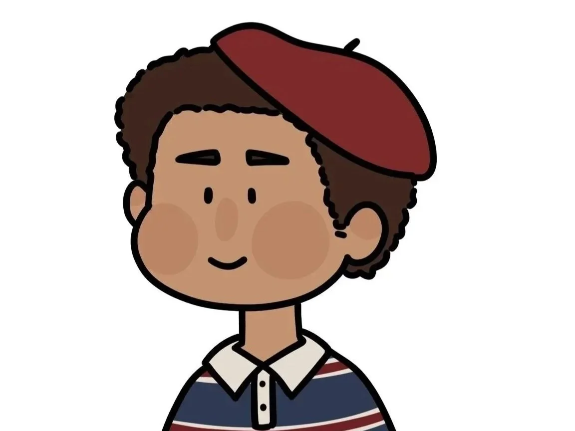 Cartoon of a young person with short curly hair, wearing a red beret, a striped navy and white collared shirt, with a content smile.