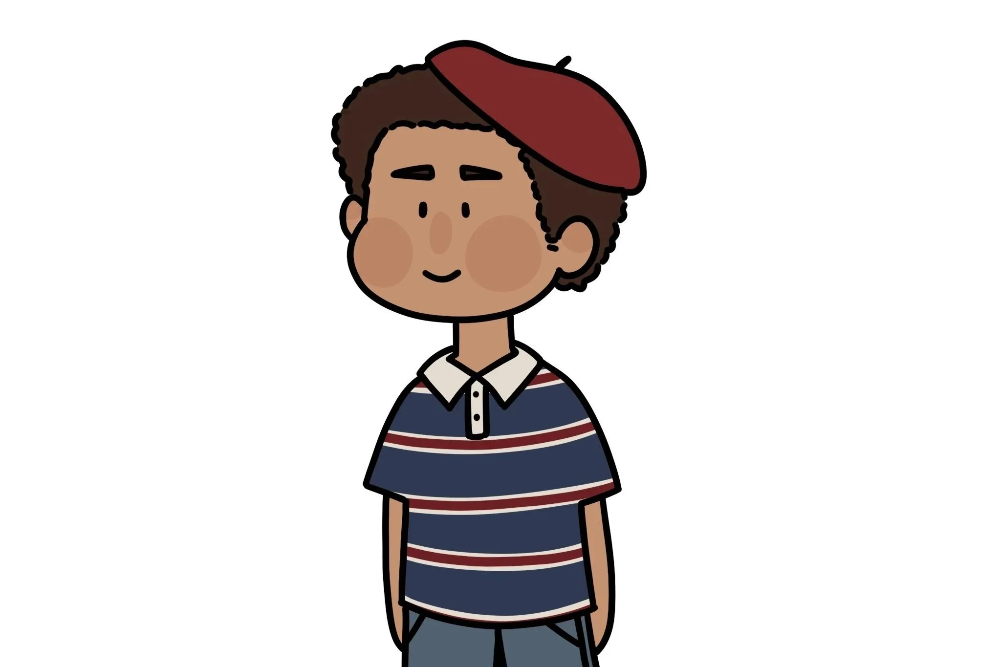 Cartoon illustration of a boy with curly brown hair, wearing a red beret, striped navy blue and red shirt, and gray pants, standing with a slight smile.