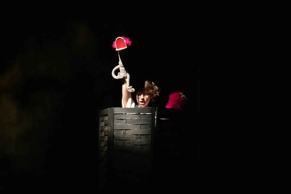 Person performing puppet show with a sock puppet and a pink furry puppet in a dark setting.