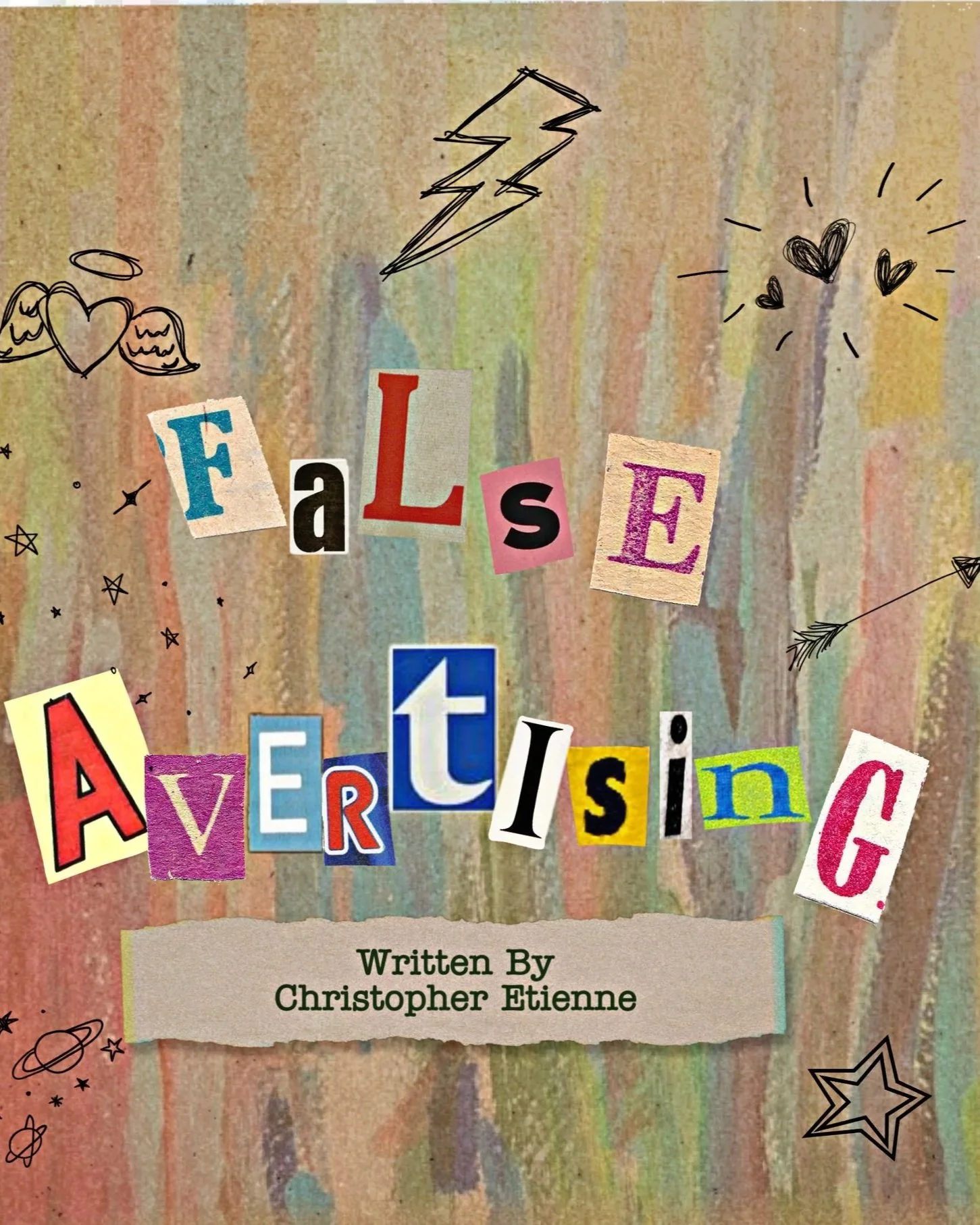 Book cover titled 'The FASCinating' by Christopher Etienne, with colorful cut-out letters and doodles of hearts, stars, lightning, and planets on a multicolored background.