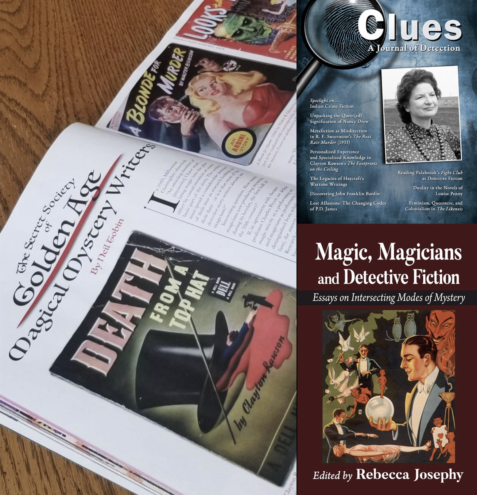 Montage includes Clues, a Journal of Detection, featuring an article by Neil Tobin; Magic, Magicians and Detective Fiction edited by Rebecca Josephy containing two Tobin essays; vintage paperbacks illustrating a Tobin article in Genii magazine.