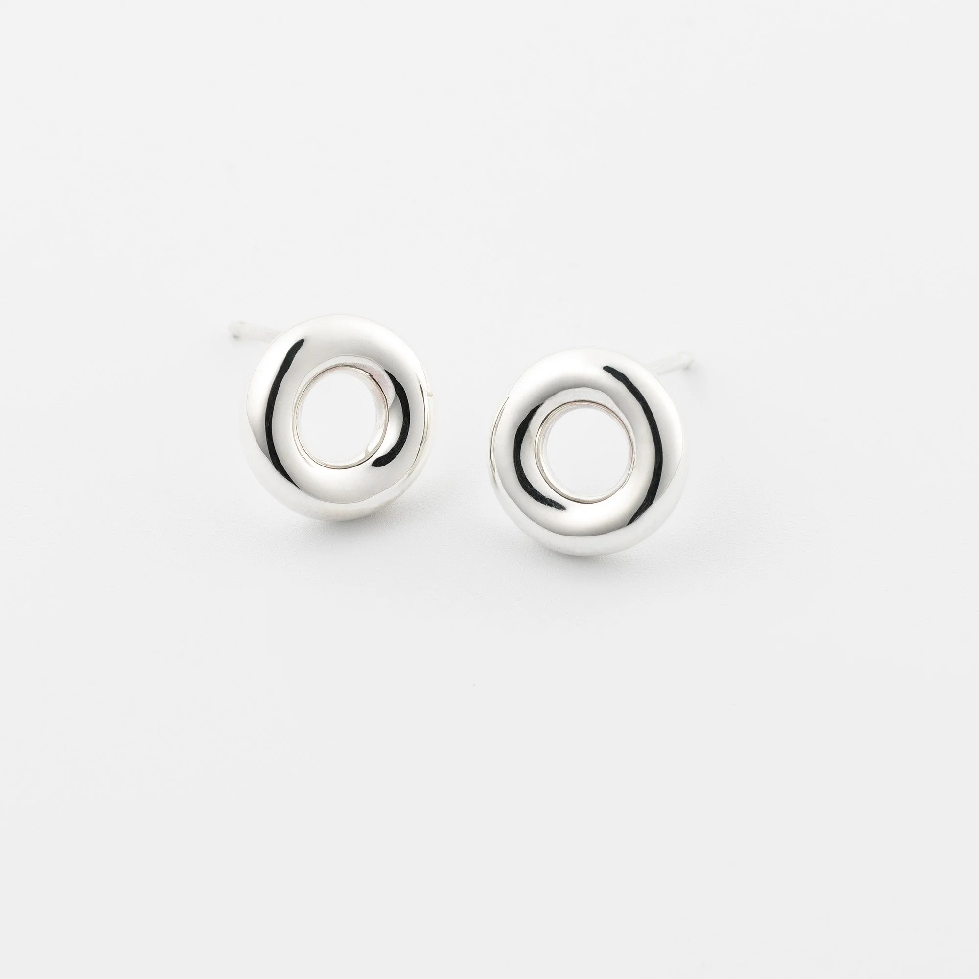 Sterling silver Monad mini stud earrings, solid polished circular torus form
