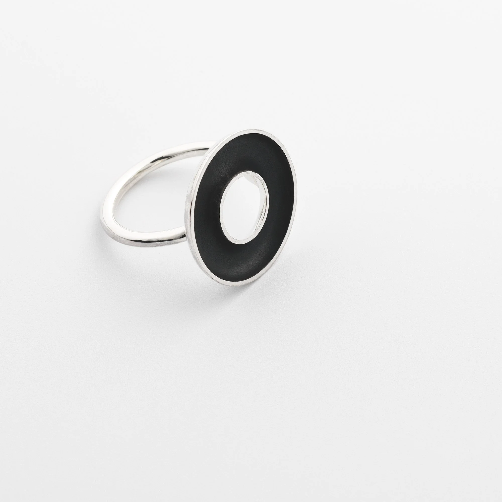 Sterling silver Orbis medium ring, concave torus form, polished edge and oxidised interior on round band