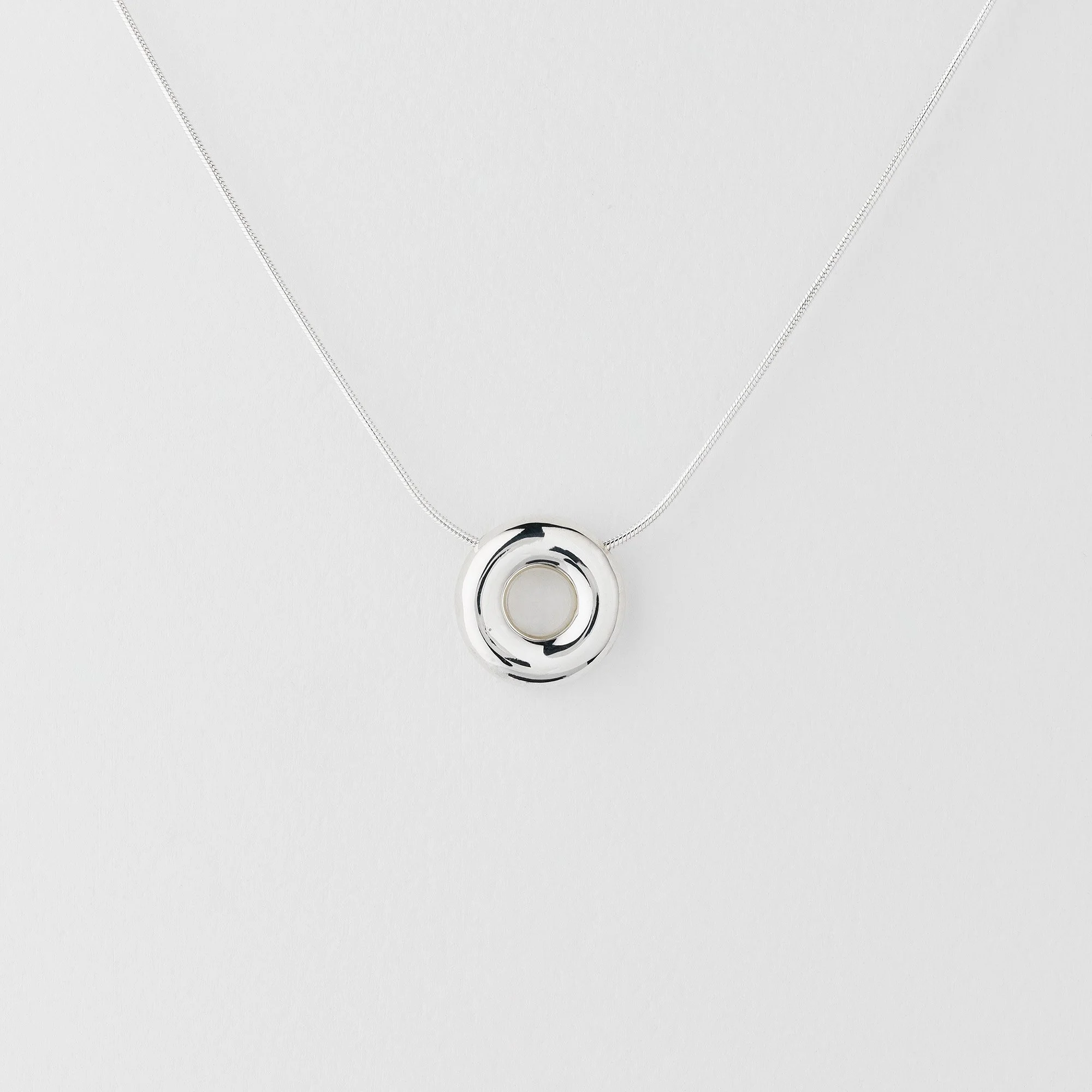 Sterling silver Monad small necklace, polished circular torus pendant on fine snake chain