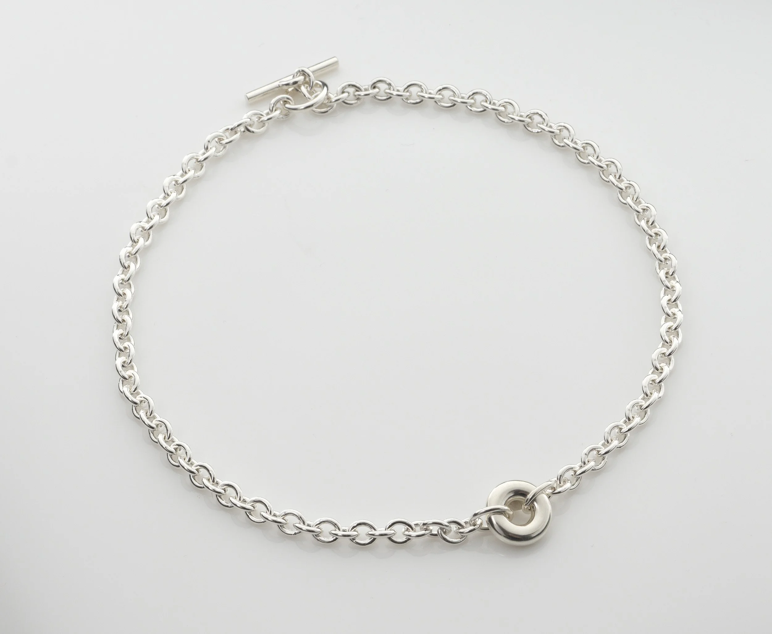 Sterling silver Monad chain necklace, hollow torus centre link on chunky chain with T-bar clasp