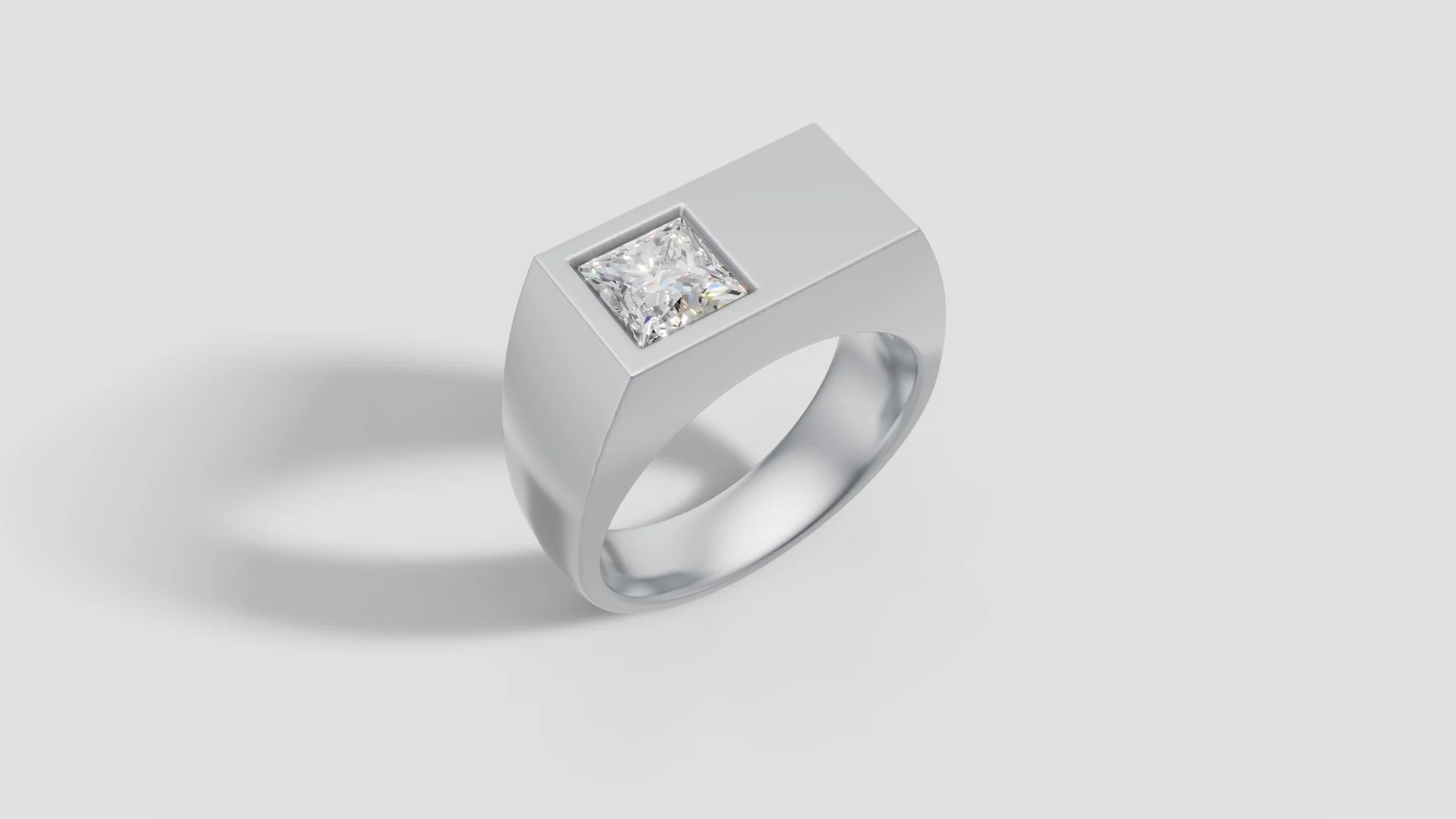Platinum signet style ring set with half carat princess cut diamond in clean modern bezel setting.