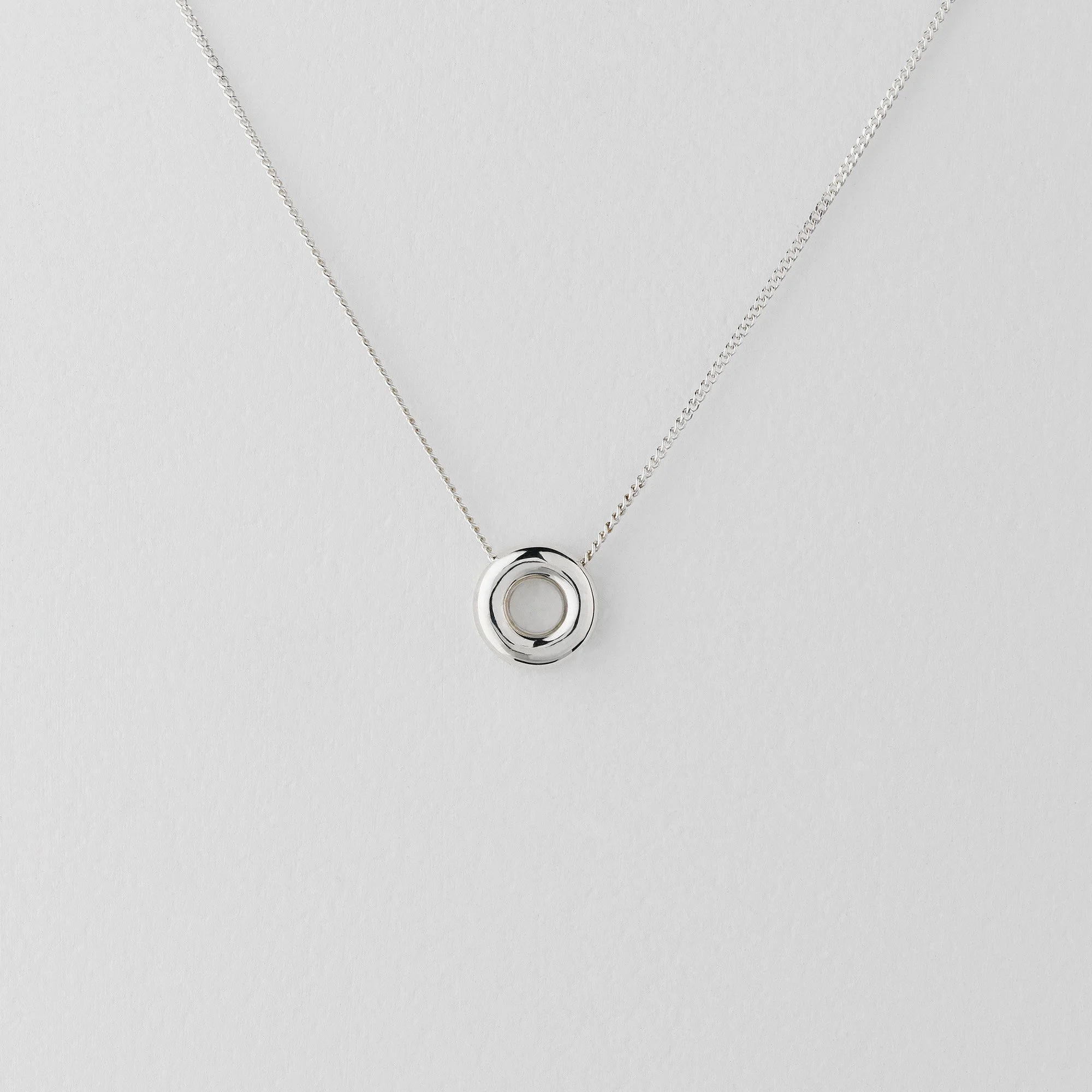 Sterling silver Monad mini necklace, small polished circular torus pendant on curb chain