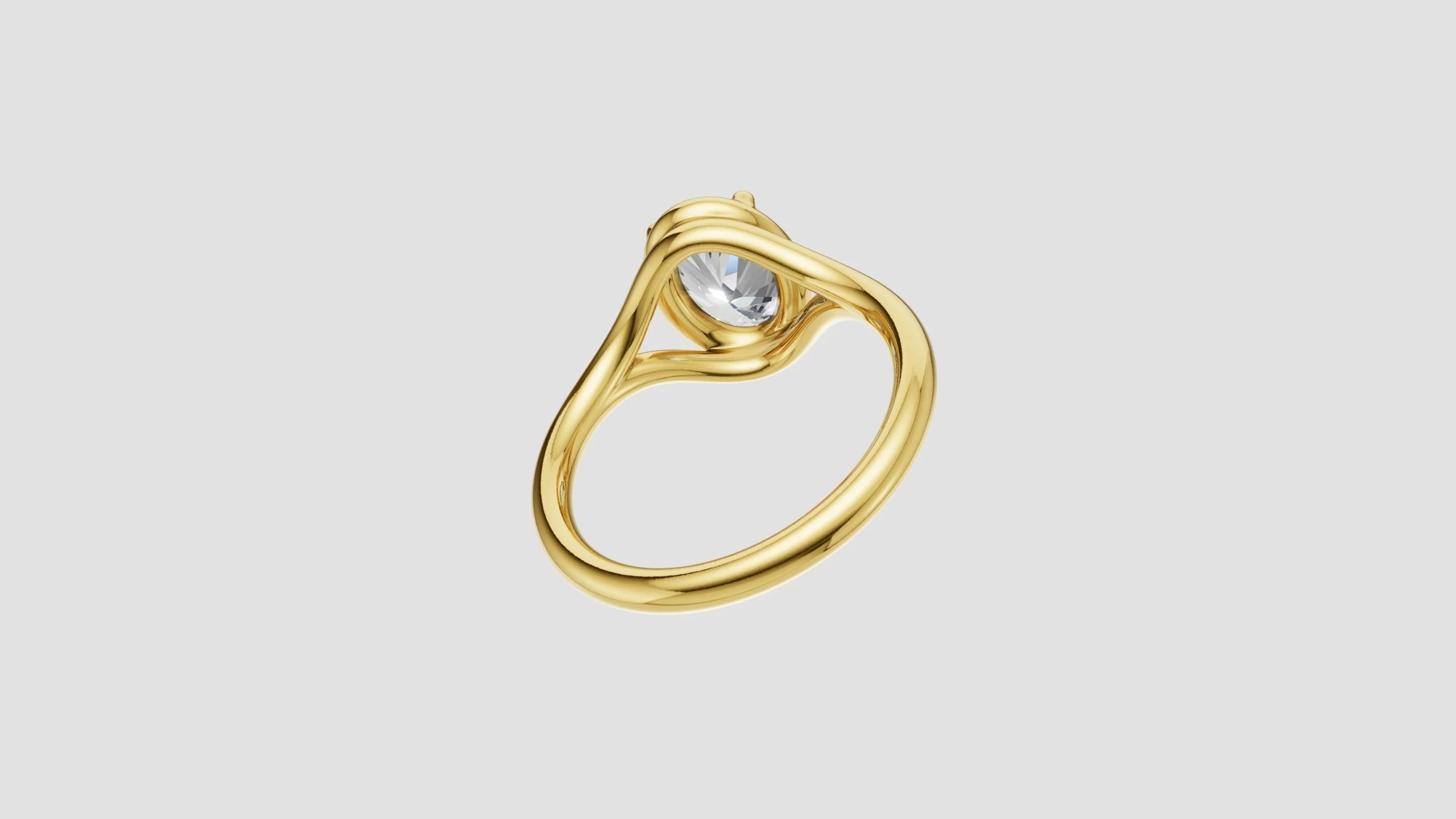 Rear angled view of 18ct gold split shank ring showing open gallery beneath oval diamond.