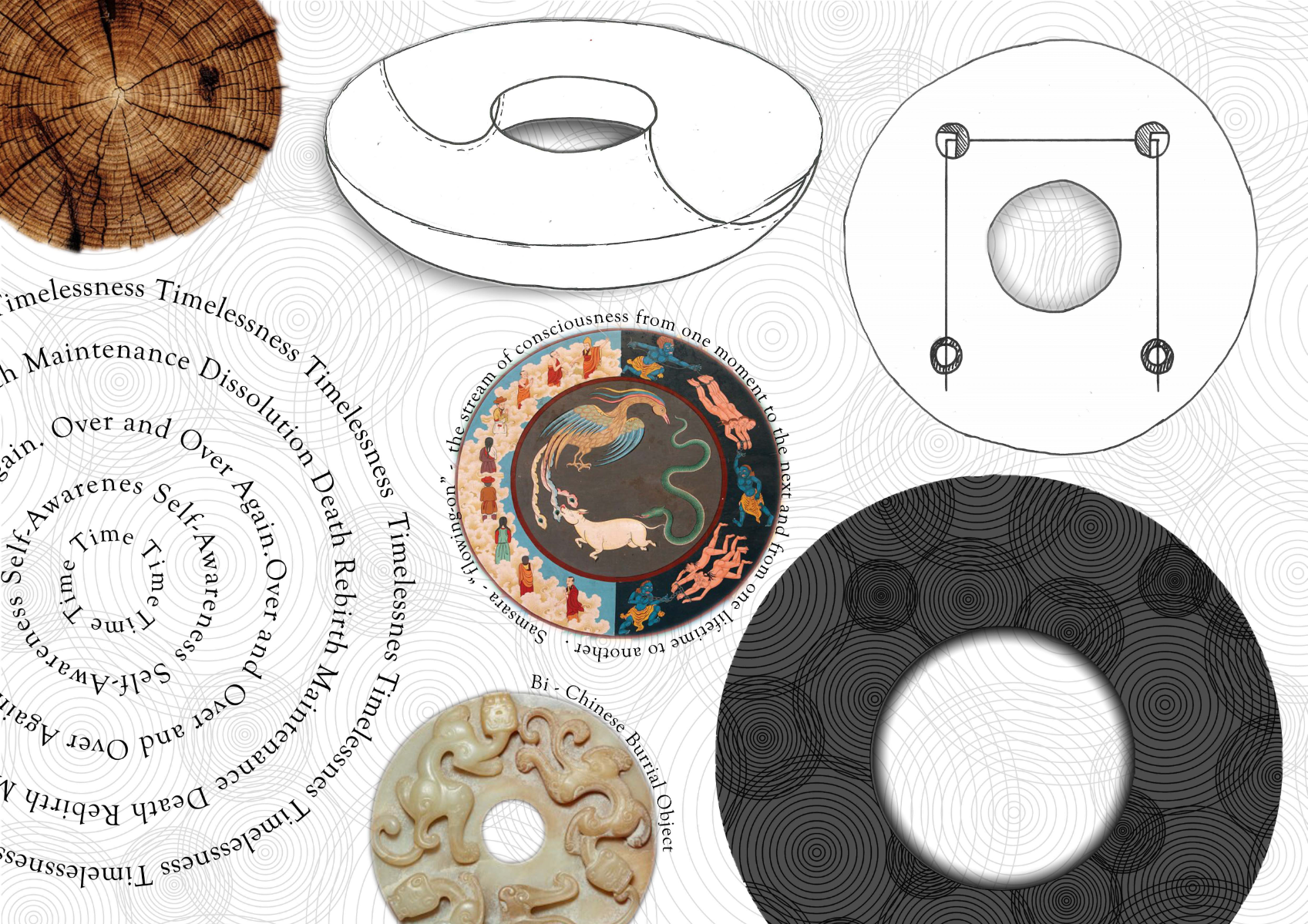 Jewellery design board showing brooch concepts, torus forms, sketches and visual research references