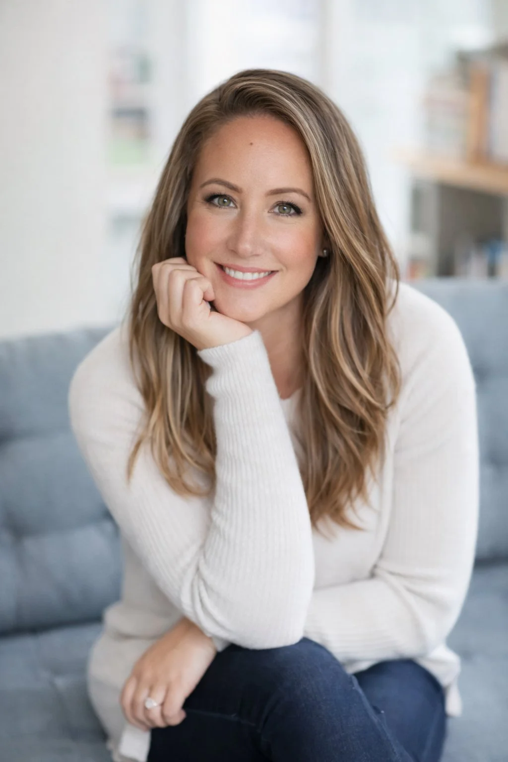 A woman with long, wavy, light brown hair and green eyes, smiling and resting her chin on her hand, seated on a gray couch in a bright room.