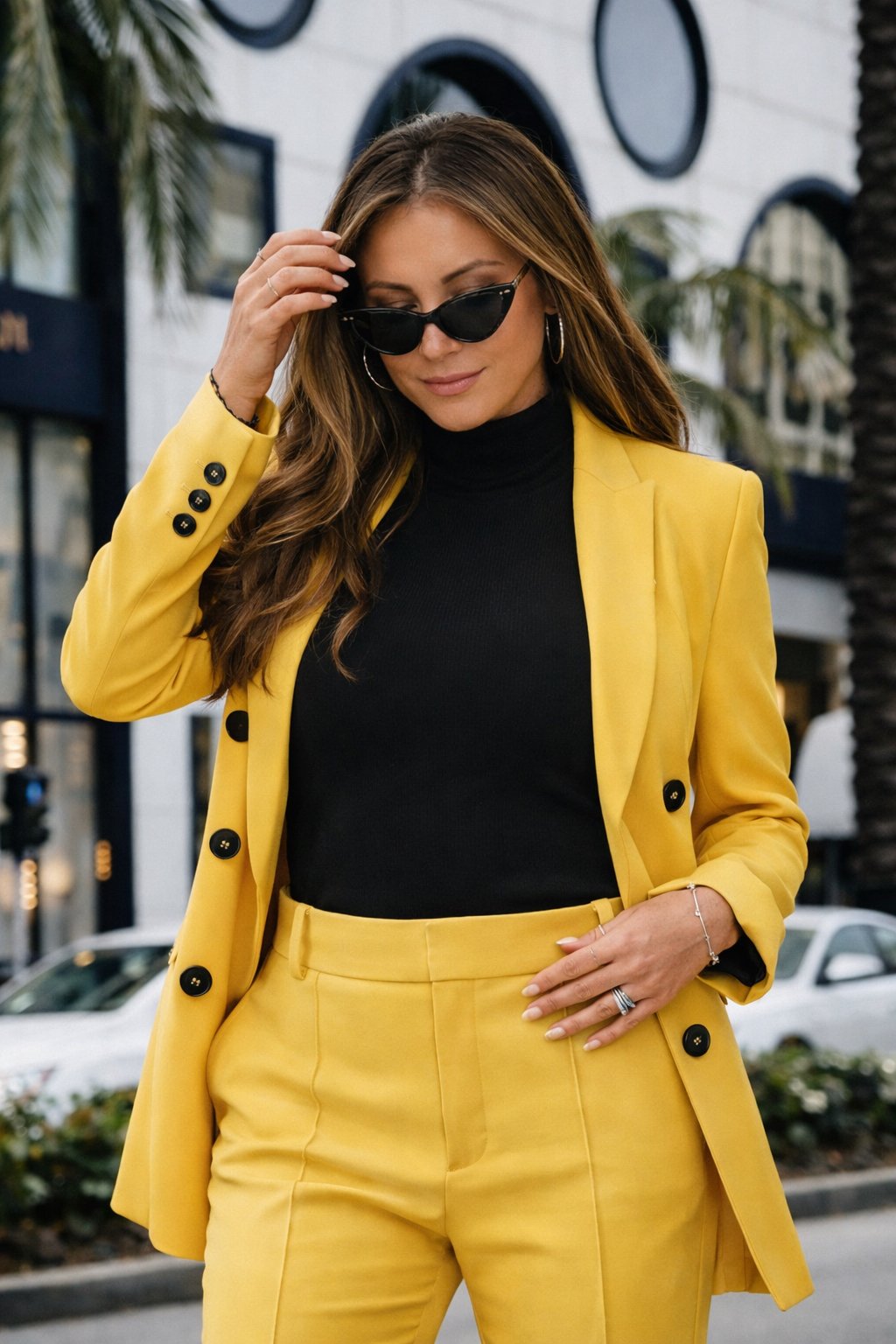 Stylish woman in yellow suit, black turtleneck, and sunglasses walking outdoors in an urban area with palm trees.