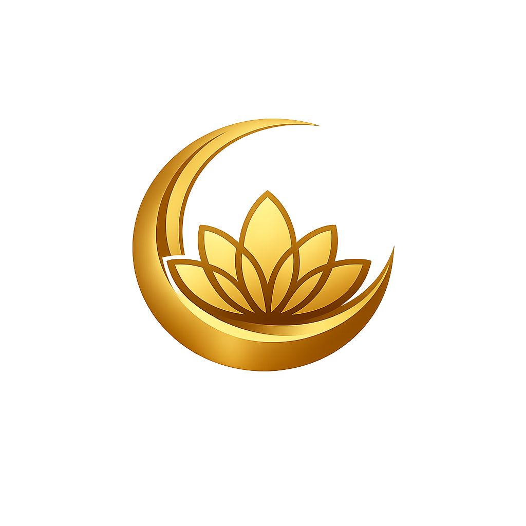 Golden logo featuring a lotus flower inside a crescent moon.