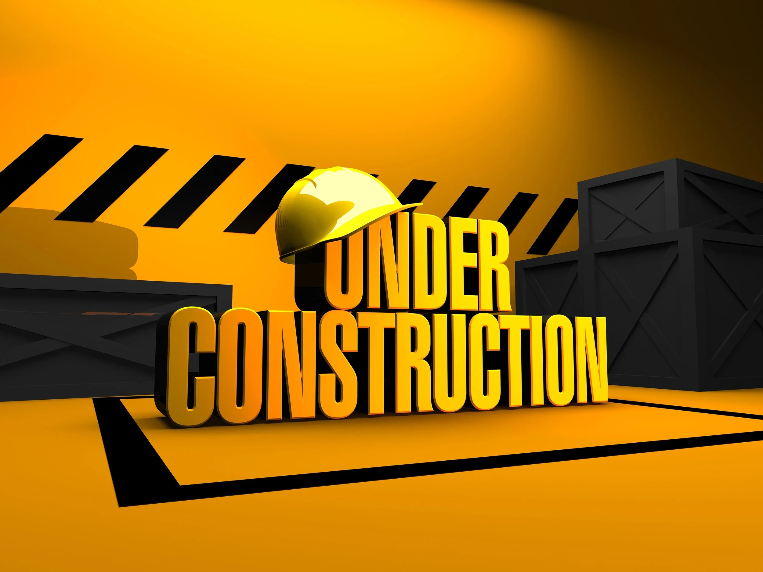 3D graphic with large yellow and black text saying 'UNDER CONSTRUCTION', a yellow construction helmet, black crates, yellow background with black caution tape pattern.