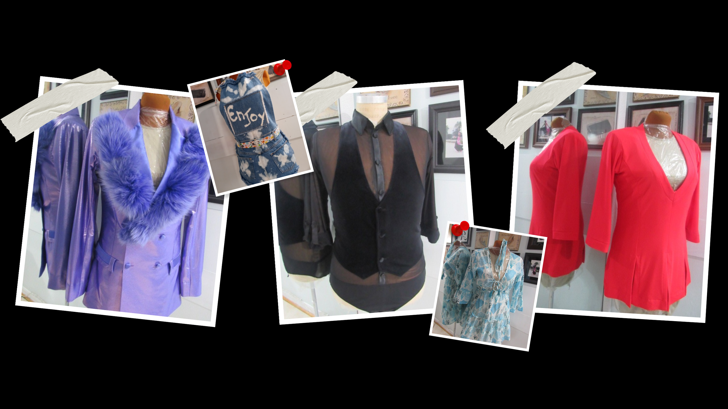 Collage of mannequin displays and clothing items including a purple jacket with faux fur collar, a black sheer blouse with vest, red blazers or dresses, and a blue floral dress, with a small backpack.