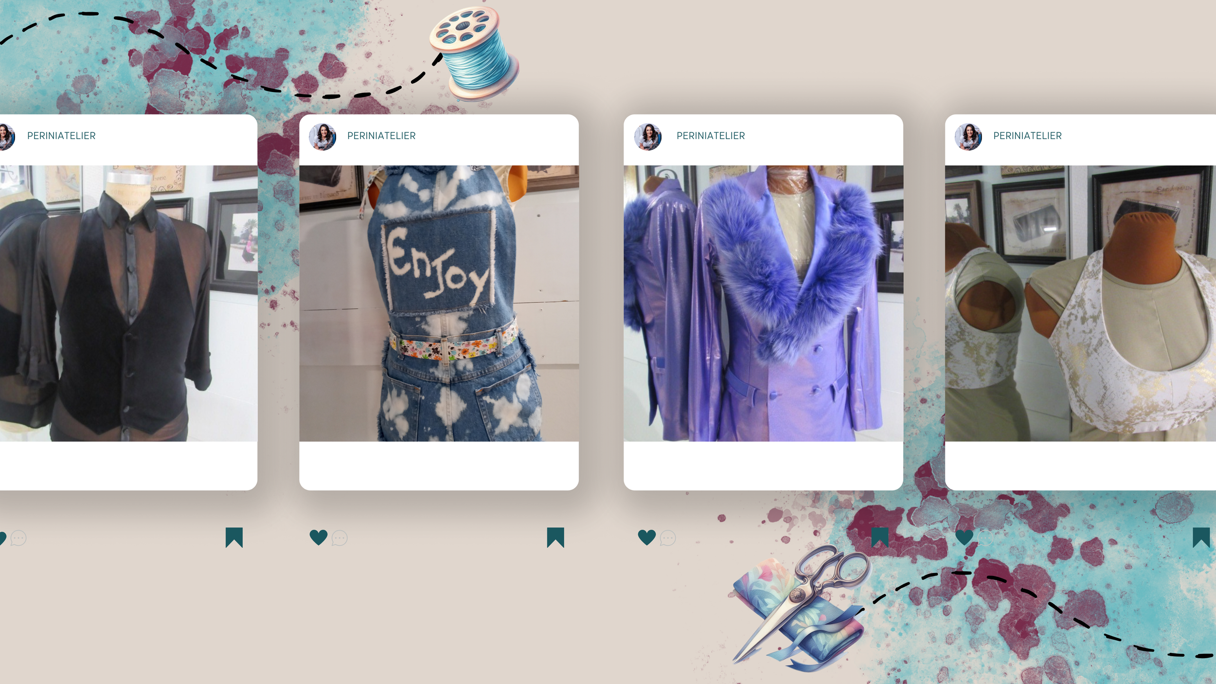 A collage of four mannequins dressed in different fashion outfits displayed at a boutique or showroom. The first mannequin wears a sheer black blouse with a dark vest underneath. The second mannequin is dressed in a blue denim vest with the word 'Enjoy' embroidered on the back, paired with matching denim shorts. The third mannequin sports a shiny purple jacket with faux fur trim on the collar. The fourth mannequin features a beige and white floral-patterned top with a curved neckline.