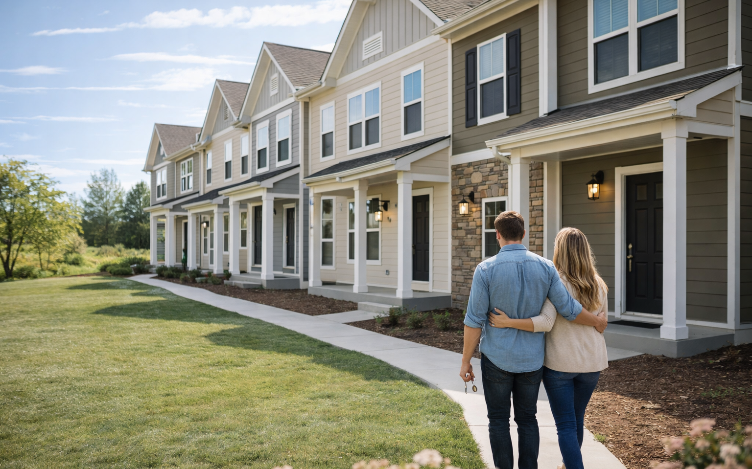 A couple walking hand in hand on a sidewalk past a row of modern townhouses with front porches, black doors, and exterior lighting. The scene is outdoors on a sunny day with a clear sky and green lawn.
