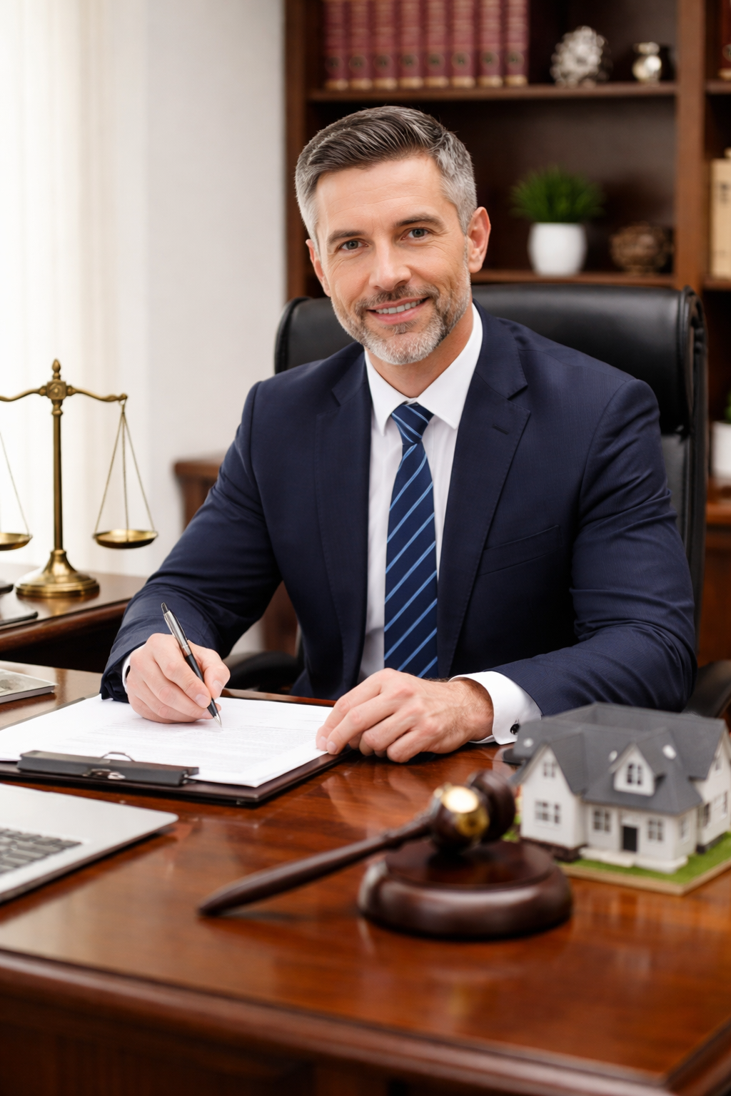 A middle-aged man in a navy suit and striped tie sitting at a wooden desk in an office, smiling and holding a pen over papers, with a house model, gavel, and laptop on the desk, and a bookshelf with books and plants in the background.