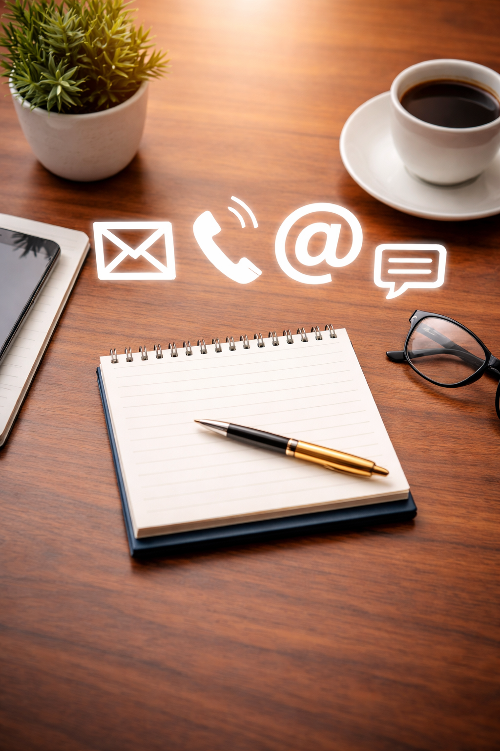 A wooden desk with a potted plant, a cup of coffee on a saucer, a pair of glasses, a smartphone, a notebook with a pen, and floating icons representing email, phone, at symbol, and messaging.