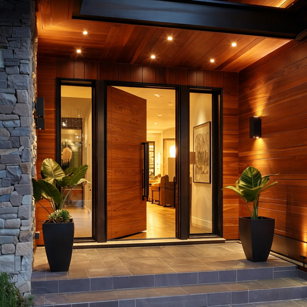 A modern house entrance with a wooden door and glass panels, flanked by potted plants, stone wall on the left, warm lighting, and a glimpse of the interior living room.