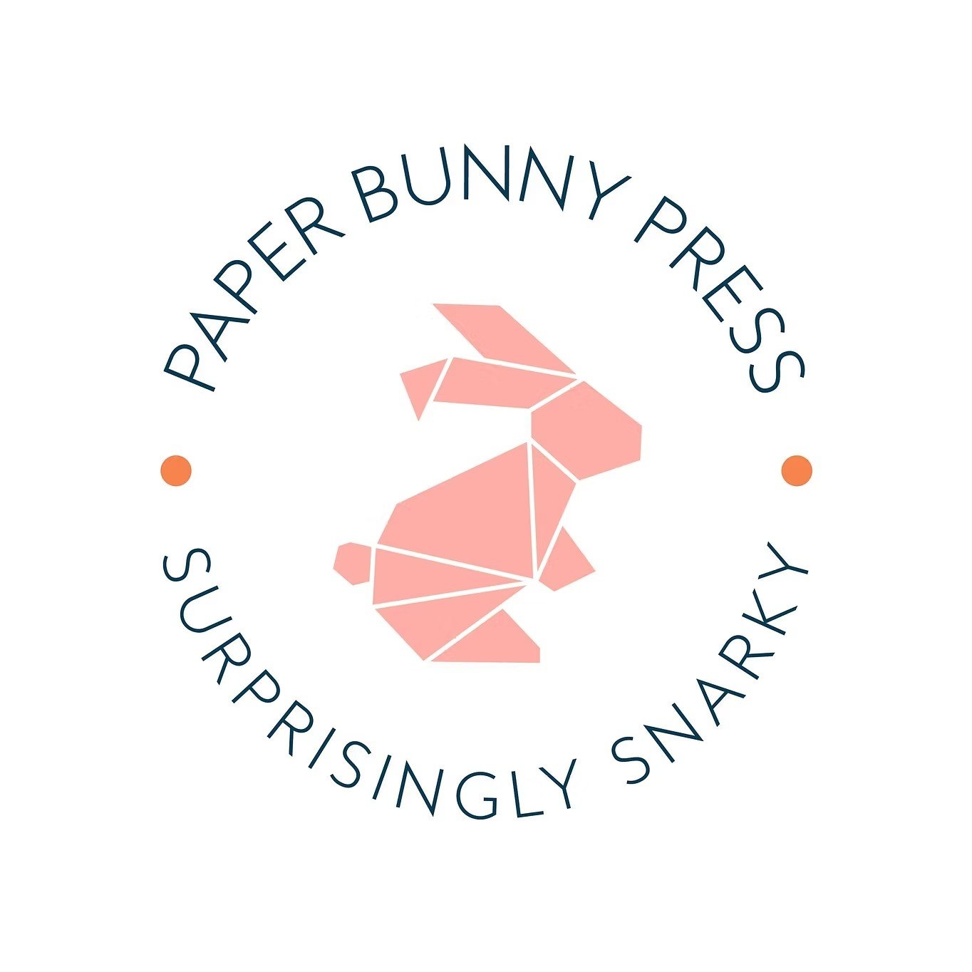 A logo with a stylized, geometric pink bunny silhouette in the center. The text 'PAPER BUNNY PRESS' is arched above the bunny and 'SURPRISINGLY SNAKY' is arched below. Two small orange dots are on either side of the logo.