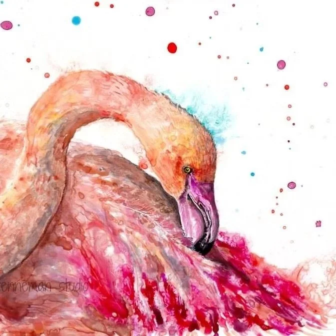 Watercolor painting of a flamingo with its head resting on its body, surrounded by colorful splashes.