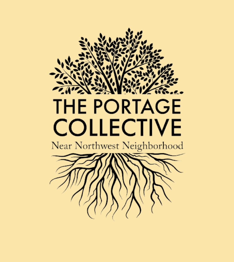 Logo for The Portage Collective featuring a tree with branches above and roots below, and the text 'Near Northwest Neighborhood'.