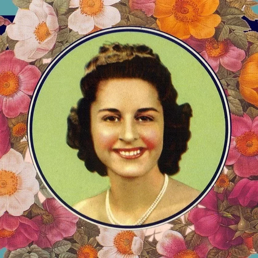 Vintage portrait of a smiling woman with dark, curly hair styled in a 1940s fashion, wearing a pearl necklace, against a light green background, framed by a floral border with pink, white, and orange flowers.