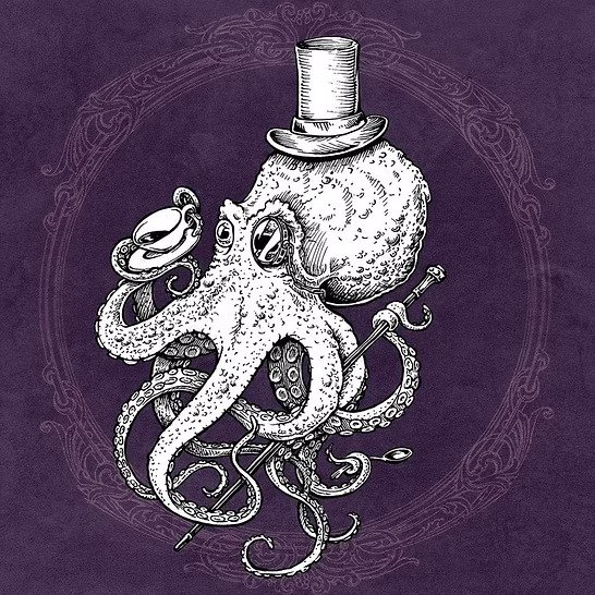 An illustration of an octopus wearing a top hat and monocle, holding a cane, on a purple background.