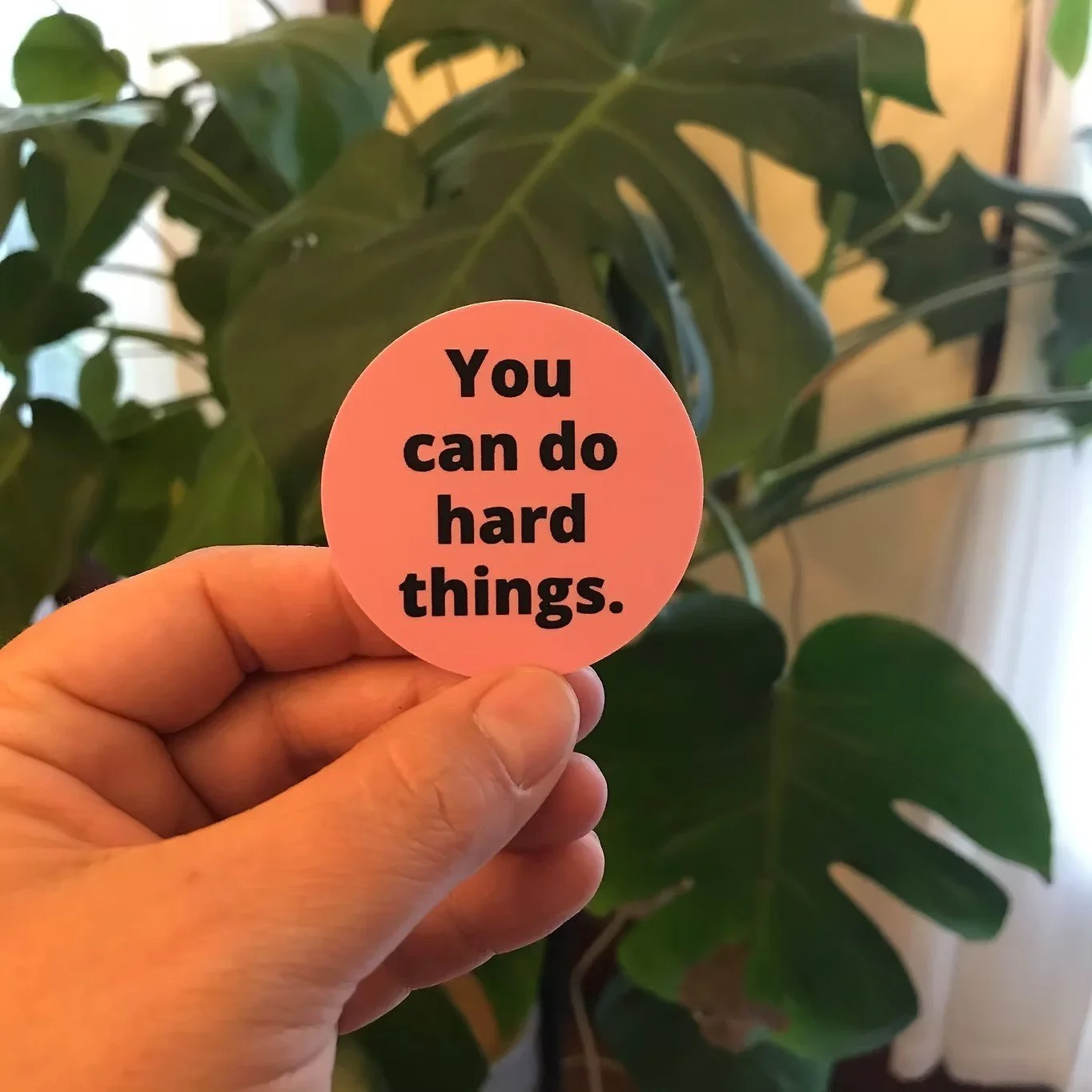 A hand holding a pink circular card with the motivational message "You can do hard things" against a background of green houseplants.