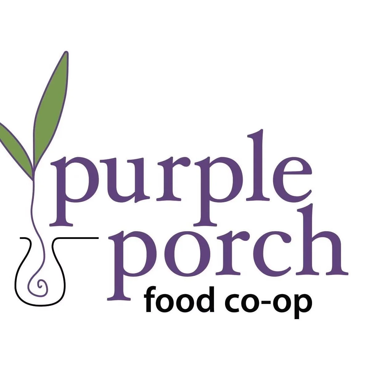 Logo for Purple Porch Food Co-op featuring a stylized purple text with a green leaf design