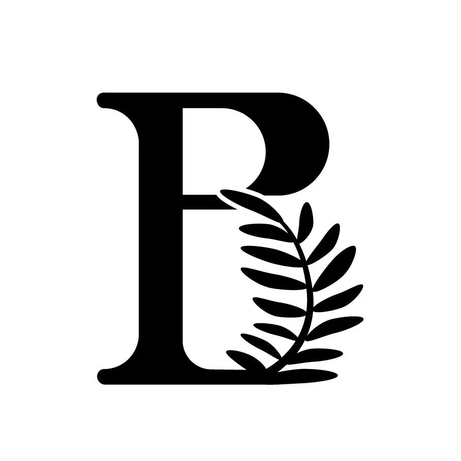 A black letter 'R' with a decorative leaf design in front of it on a white background.