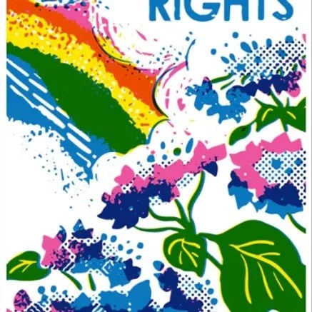 Colorful illustration with the words 'Rights' at the top, a rainbow, blue handprints, and pink and purple flowers with green leaves.