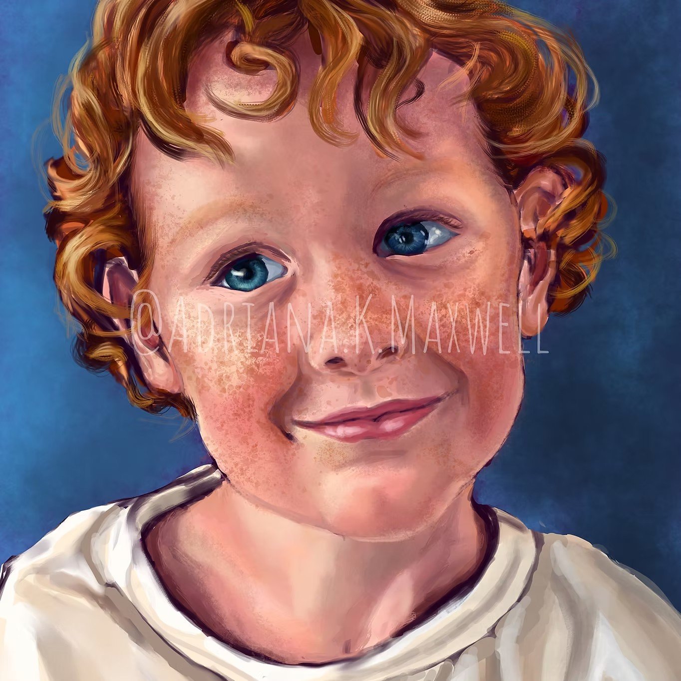 Digital painting of a young boy with curly red hair, blue eyes, and freckles, smiling softly, wearing a cream-colored shirt with black trim against a blue background.