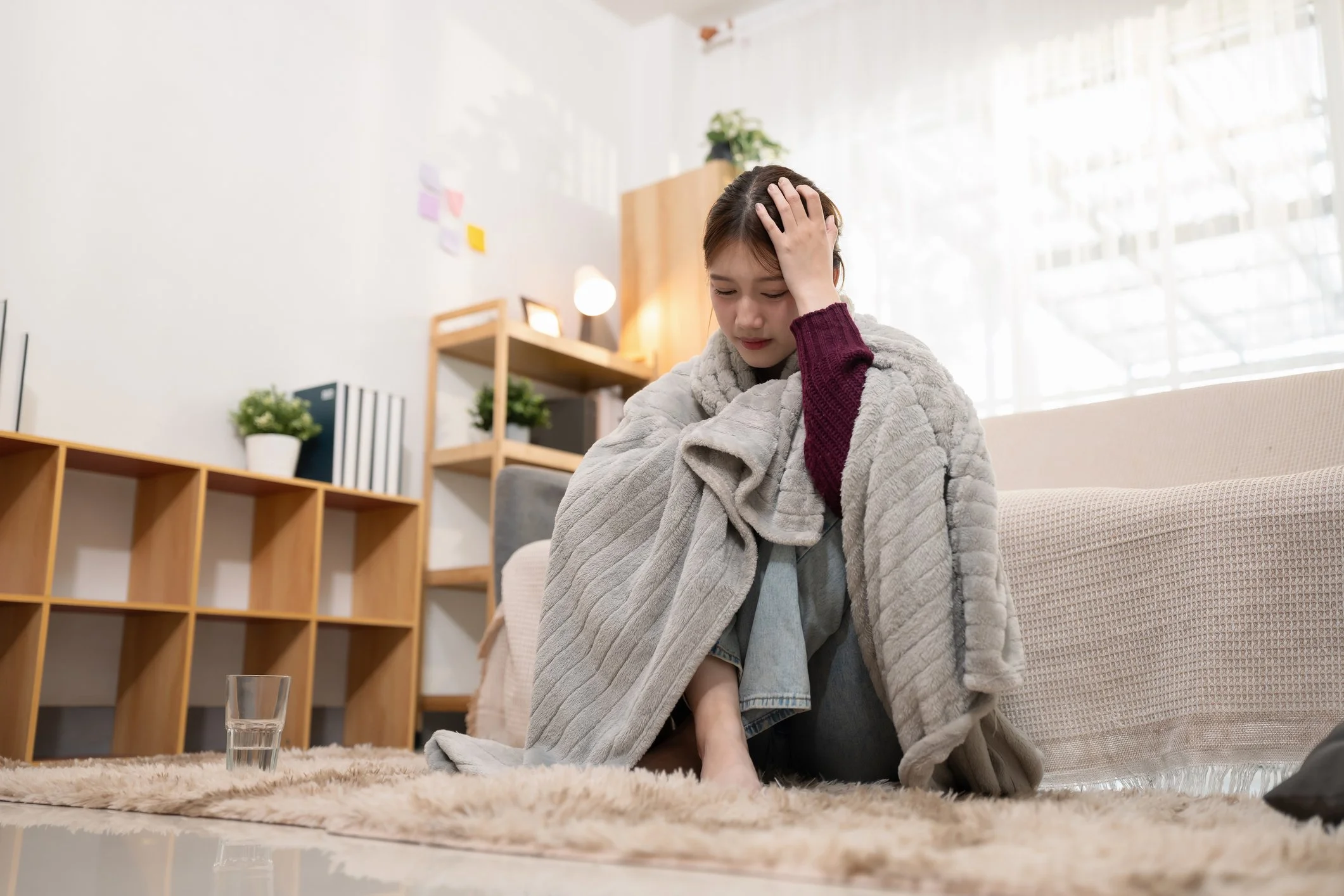 A woman sitting on the floor with her hand on her head, wearing a plush blanket over her shoulders in a cozy living room, with a glass of water in front of her on a rug.