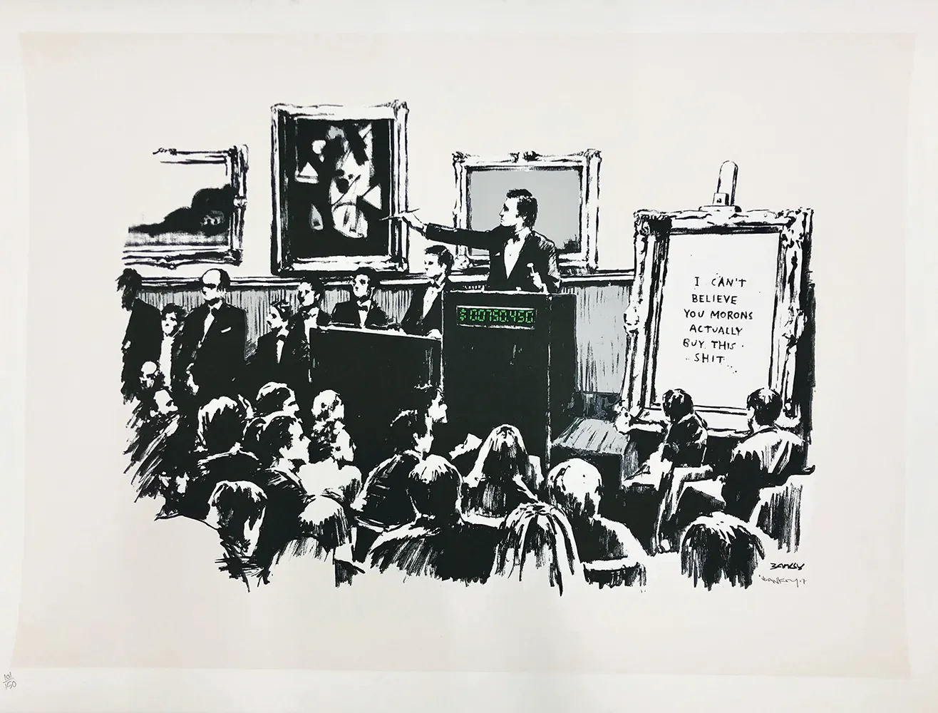 A black-and-white illustration of an auction house scene, with a man auctioneer standing at a podium, holding a gavel, and an audience of people sitting and standing, watching him. There is a large framed canvas with abstract art behind him, and to his right, a large framed board with the text 'I CAN'T BELIEVE YOU MORONS ACTUALLY BUY THIS... SHIT...'