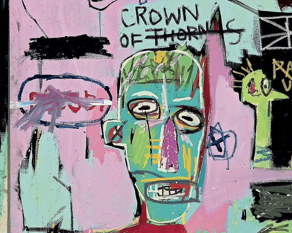 Colorful abstract graffiti art of a face with exaggerated features on a pink background, with various words and symbols.