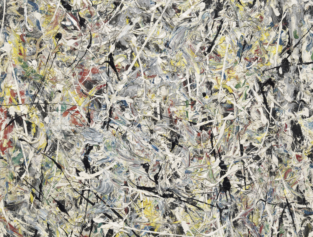 Abstract expressionist painting featuring a chaotic mixture of black, white, yellow, blue, red, and green paint splatters and thick brushstrokes.