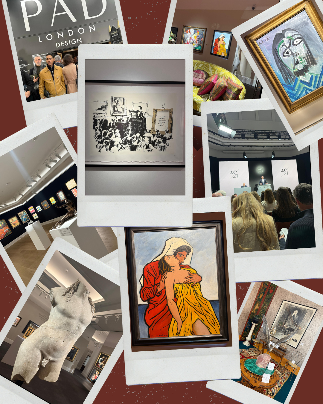 A collage of various art-related images, including paintings, sculptures, an art auction, and an art exhibition.