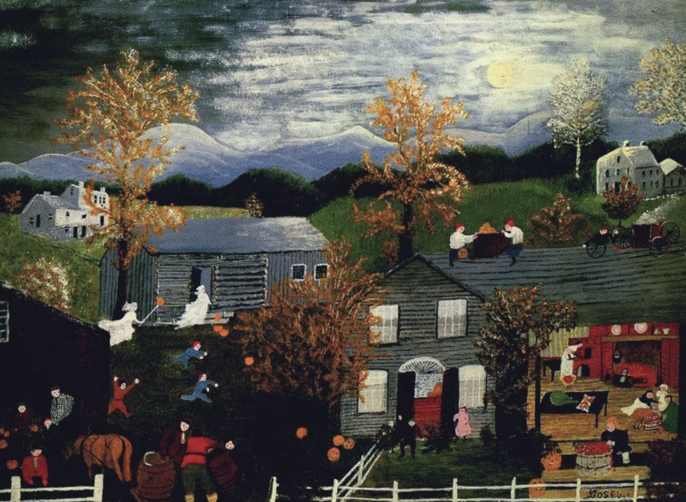 A colorful painting of a village scene at night with people, animals, trees, and houses, under a full moon, with mountains in the background.