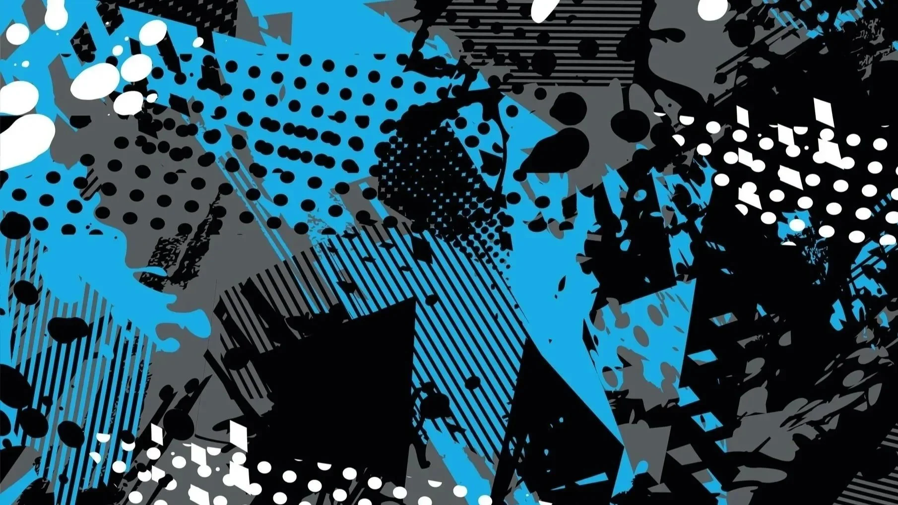 Abstract artwork with black, white, gray, and blue splatters, dots, and geometric shapes creating a chaotic and layered pattern.