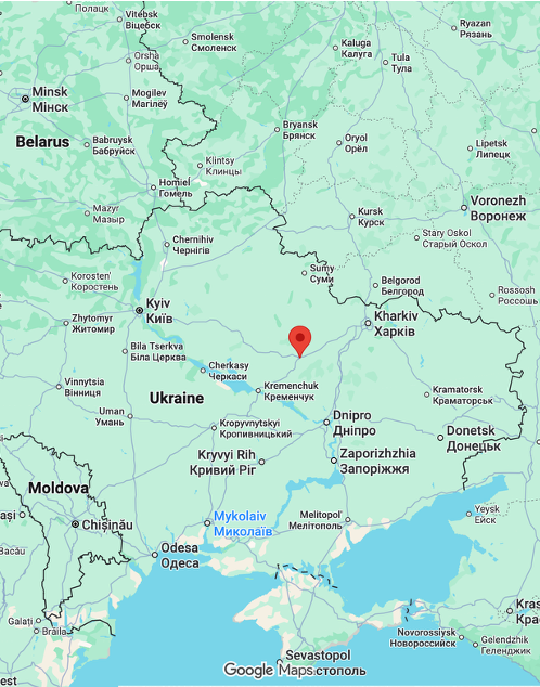 Map showing locations in Ukraine, including Kyiv, Kharkiv, and Odessa, with surrounding countries Belarus, Moldova, and parts of Russia.