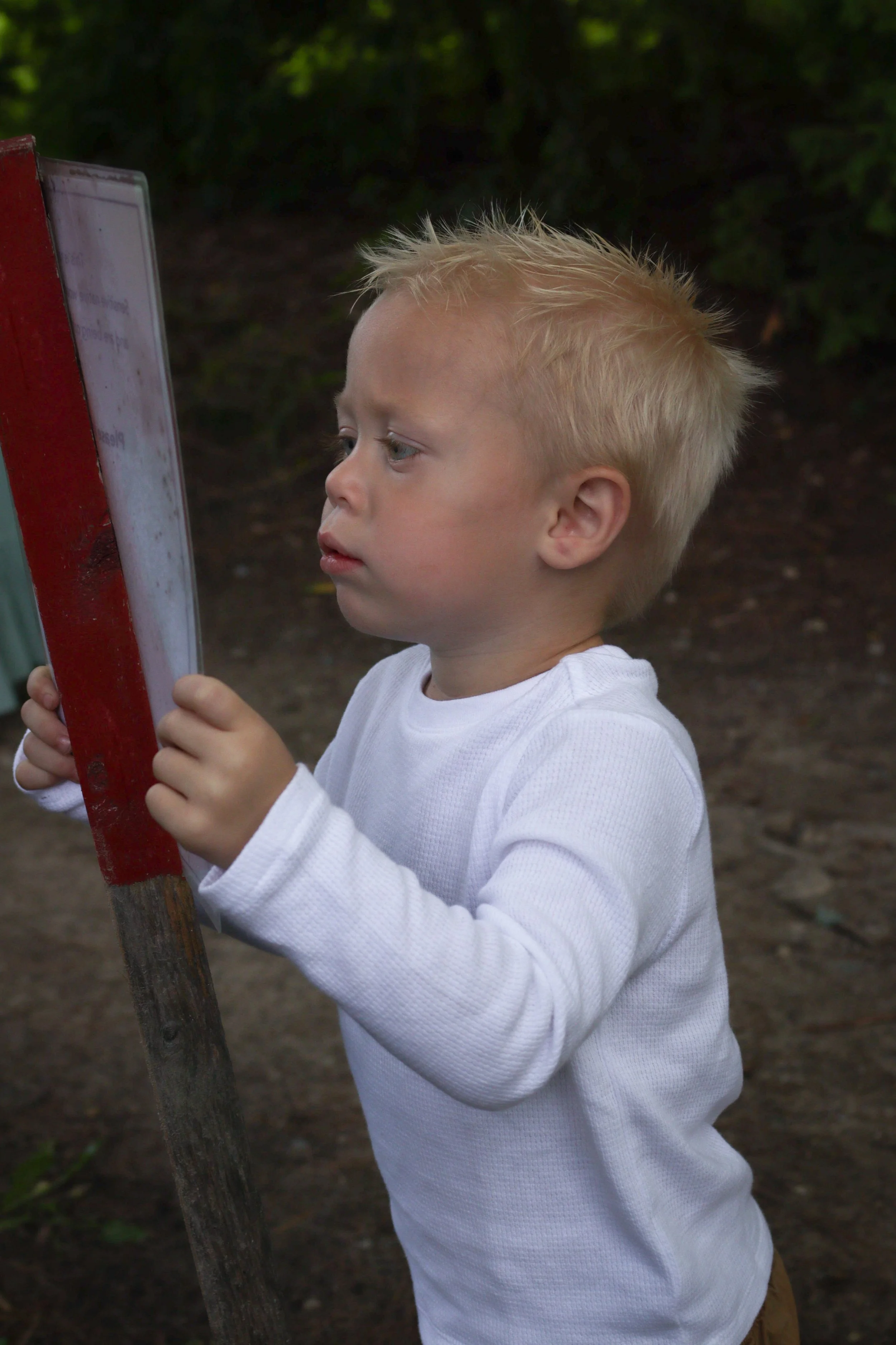A young boy with blond hair wearing a white long-sleeve shirt looking at a sign outdoors.