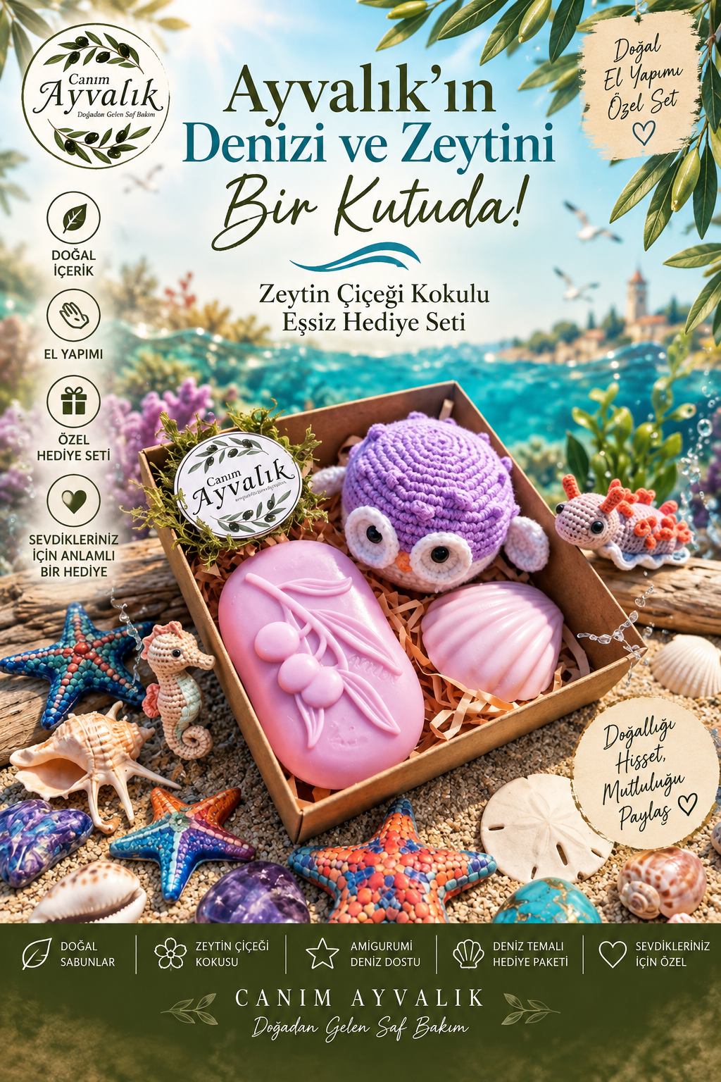 El yapımı doğal sabun ve lif içeren hediyelik duş seti – Canım Ayvalık